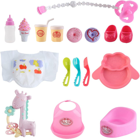 Set 21 Set deAO Black Baby Doll - Mobile, High Chair, Stroller & Feeding Accessories - Piece Play (Doll Included)