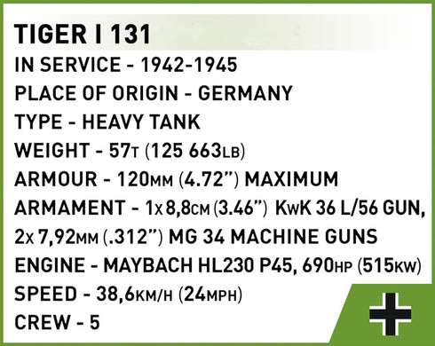WWII Tiger I 131 Tank, COBI Historical Collection