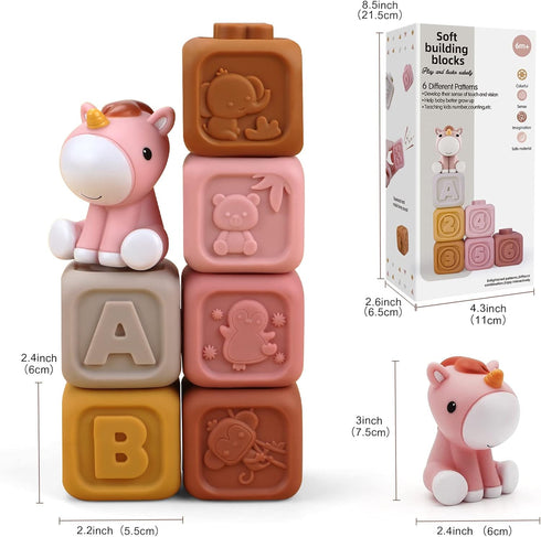 Nueplay 7 Pcs Soft Building Blocks, Sensory Stacking Toys with Horse Figure, Newborn Essentials for 6-18 Months Baby