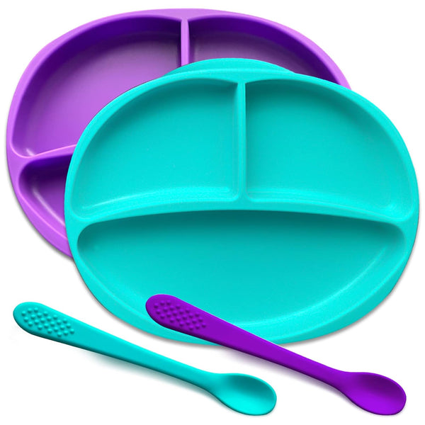 Silicone Suction Plate for Baby, 100% Food Grade Silicone Divided Plate, Toddler Self Feeding Training Set (Purple &