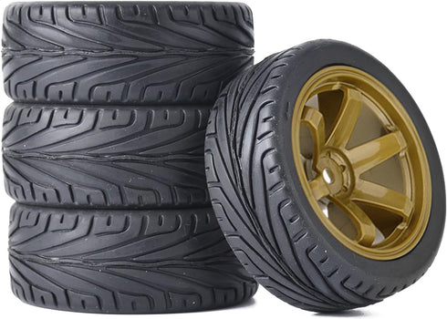4PCS RC Car Rubber Tires and Plastic Wheels Rims for 1/10 Scale On Road Touring Racing Flat Drift Car (Gold)