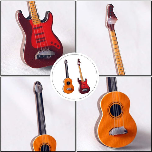 Toyvian 2Pcs Miniature Guitar Dollhouse Musical Instrument, Wood Bass Guitar Model Ornament