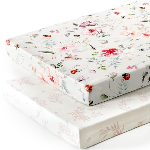 Fitted Pack n Play Sheets Set 2 Pack, Stretchy Ultra Soft Jersey Knit Portable/Mini Crib Sheets for Girls, Universal Fit for Pack N Plays Safe and Snug, Beautiful Flowers and Insects Pattern for Baby by GRSSDER