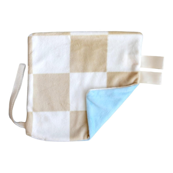 Handcrafted Baby Mini Plush Blanket Pacifier Holder (Tan Checked w/Blue)