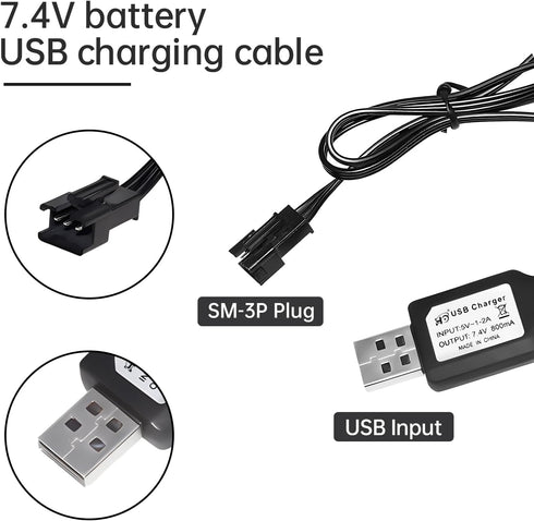 2PCS 7.4V 800mh USB Charging Cable with SM-3P Plug Connector for RC Excavator, Truck, Tank,Huina 1575 RC Engineering Vehicle,DE43 DE60 RC Toy Car,7.4V Battery USB Charger