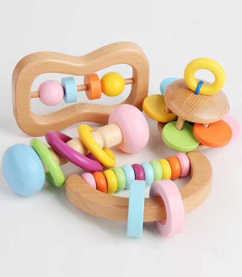 4 PCS Wooden Baby Rattle Set, Organic Colorful Rattles for Babies 0-12 Months, Wooden Teether Crochet Toy