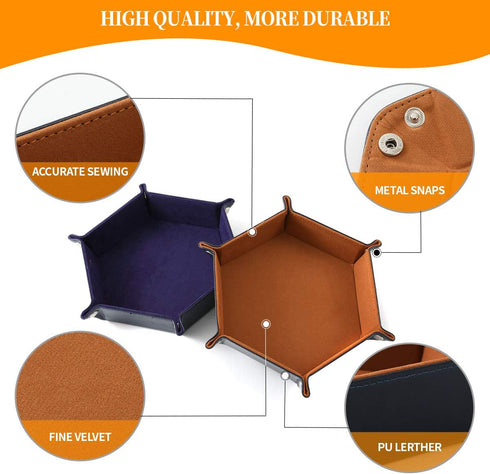 2 Pcs Portable Folding Dice Rolling Tray Set, Navy Blue and Camel PU Leather and Velvet Holder for RPG DND Games