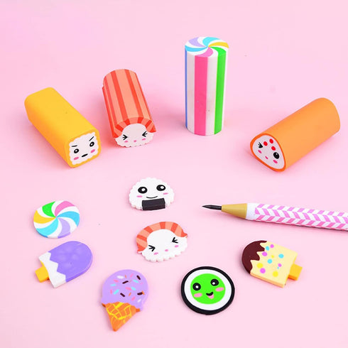 12 Pack Food Erasers, Cute Sushi Desserts, Fun Desk Pet Erasers for Kids, Bulk Long Pencil Erasers, School Supplies
