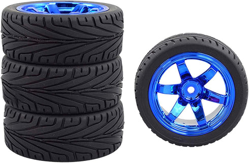 4PCS 1:10 RC Tires and Plastic Wheels Rims for 1/10 Scale On Road Touring Racing Drift Car Traxxas HSP HPI Tamiya (Blue)