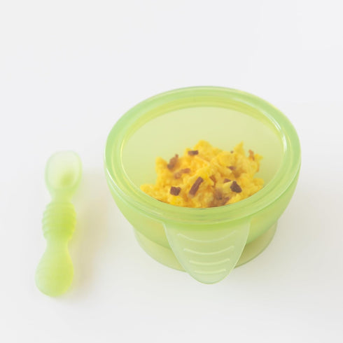 Bumkins Baby Bowl, Silicone Feeding Set with Suction, Includes Spoon and Lid, First Feeding Set, Green Jelly for Baby