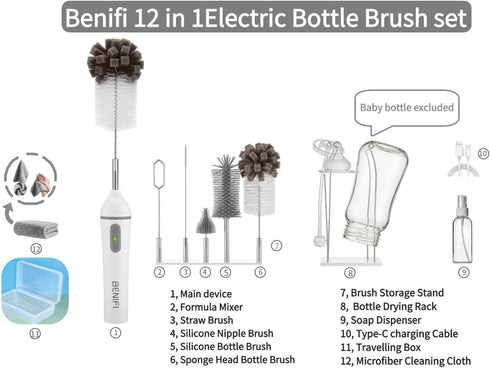Benifi 11 1 Electric Bottle Cleaner Pro, in Baby Bottle Brush with Drying Rack, Sponge Brush, Silicon Brush, Formula