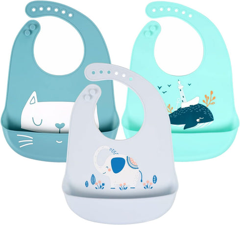 Baby Bibs Silicone Feeding Bibs - 3pcs Adjustable Waterproof Bibs for Feeding