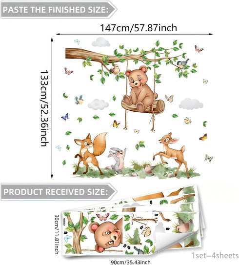 Tuitager L Large Tree Wall Decals with Woodland Animals, Peel and Stick Wall Stickers for Baby Room, Removable Nursery