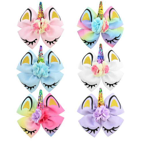 Girls Unicorn Hair Bows with Alligator Clips, Cheer Bows Hair Accessories for Kids, 6 Packs