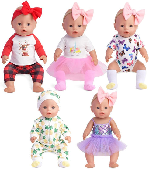 Baby Doll Accessories, 5 Set of Doll Clothes, Dress, Bodysuits for 15 to 18 Inch Dolls, 12 PCs Total Doll Clothes