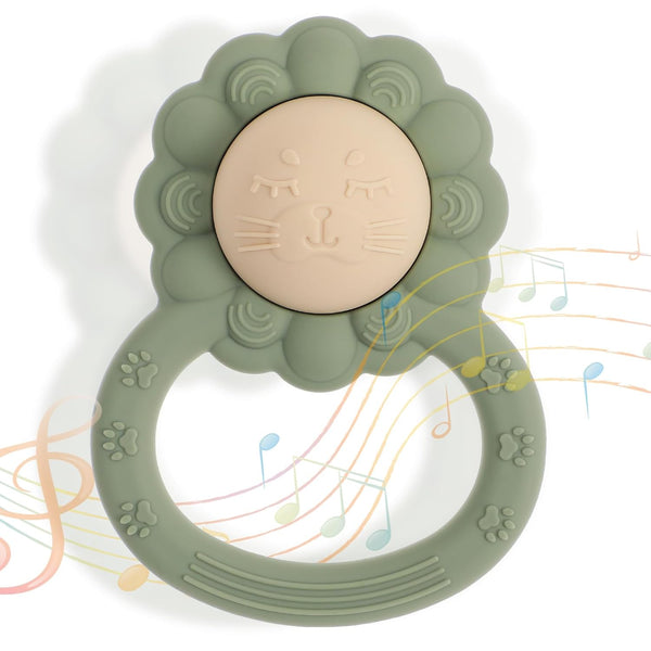 Rattle Teether - Lion Shape Montessori Baby Sensory Teething Toy, Food Grade Silicone BPA Free for Newborns (Shifting