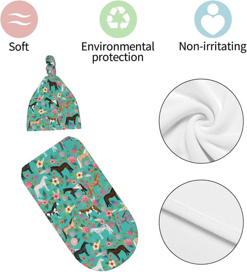 Horse Baby Stuff Gift for Girls, Newborn Swaddle Blanket Beanie Set, Soft Stretchy Horse Baby Blanket for Baby Shower