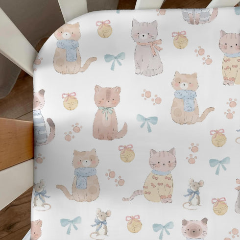 Cstdyfrv 52''x28'' Cute Cats Mouse Baby Boys Girls Crib Sheets Pastel Kittens Paws Bows Bells Toddler Bed Sheets Cats