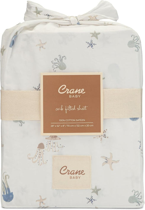 100% 28" 52" Crane Baby Cotton Under The Sea Fitted Crib Sheet with Jellyfish Design, Neutral Crib Sheets, Fitted