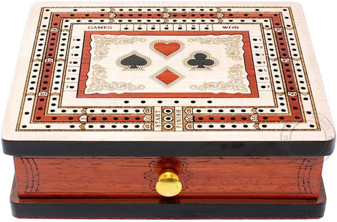 3 Track Non-Continuous Travel Cribbage Board - 60 Points, Maple/Bloodwood Inlaid, 6" x 5" with Storage Drawer