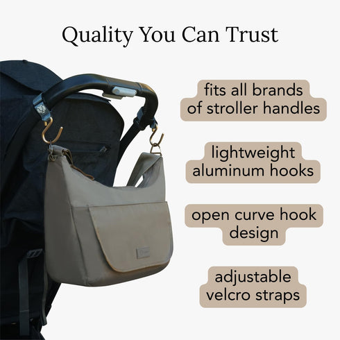 Huhu Essential Stroller Hooks - Lightweight Aluminum Stroller Bag Hook with Adjustable Straps, Matte Gold S-Hooks