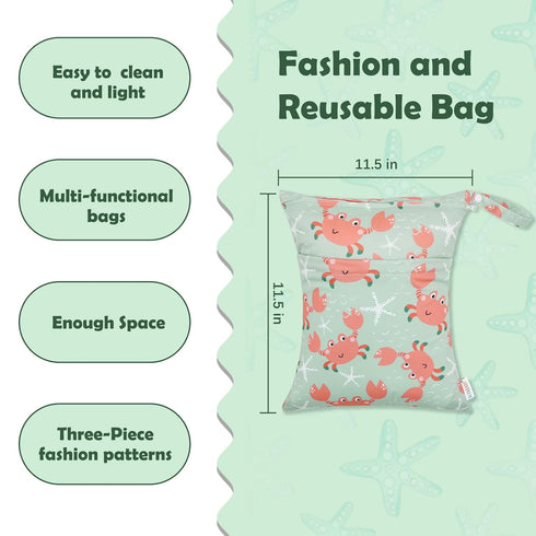 3pcs 3L-ZM15A ALVABABY Cloth Diaper Wet Dry Bags Waterproof Reusable with Two Zippered Pockets Travel Beach Pool
