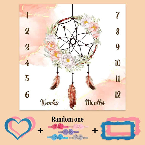 Boho Baby Monthly Milestone Blanket, Dream Catcher Feather Flower Green Leaf Marble Design, Newborns 1 to 12 Months Unisex Include 4 Frames and 1 Headband 47"x47" BTLSPH629 by PHMOJEN