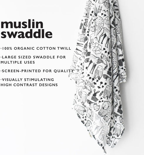 Wee Gallery, Organic Muslin Swaddle - Nordic - Woodland Animals Design, Black and White for Baby Visual Development, Quality Cotton Swaddling or Receiving Blanket by Wee Gallery