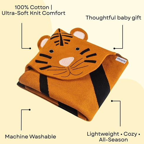 Moyra Collective Hooded Baby Blanket Knitted Cotton | Soft & Breathable Newborn & Infant Blanket | Tiger Design |