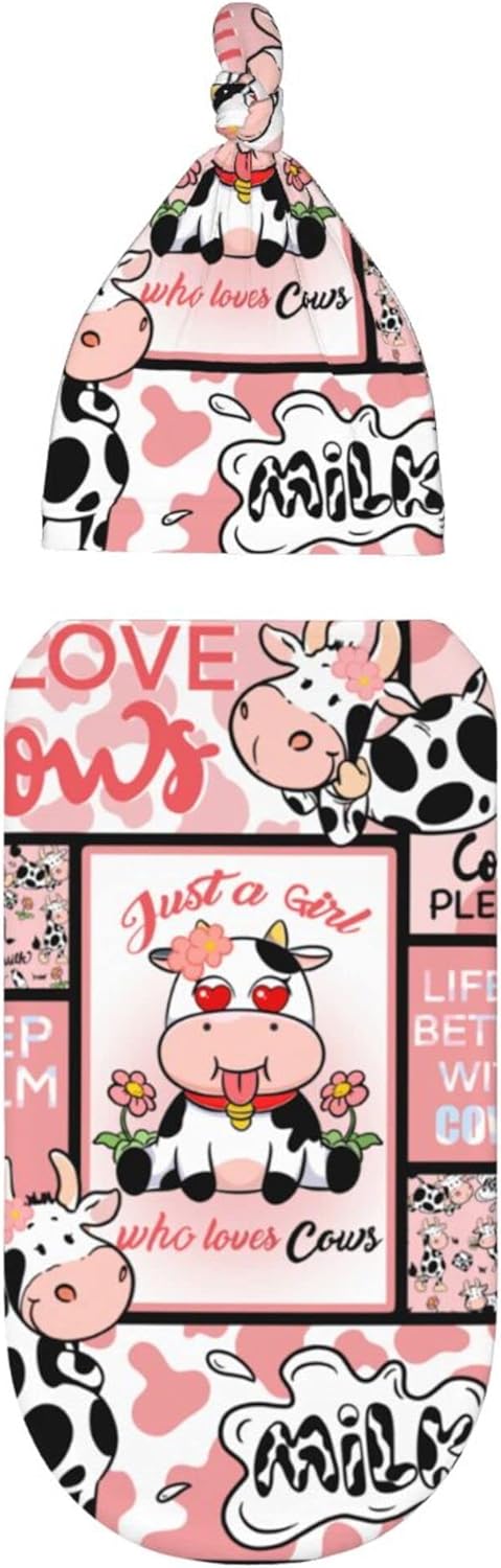 Who Love Cows Newborn Swaddle Blanket with Hat Set, One Size Receiving Blanket for Boys and Girls