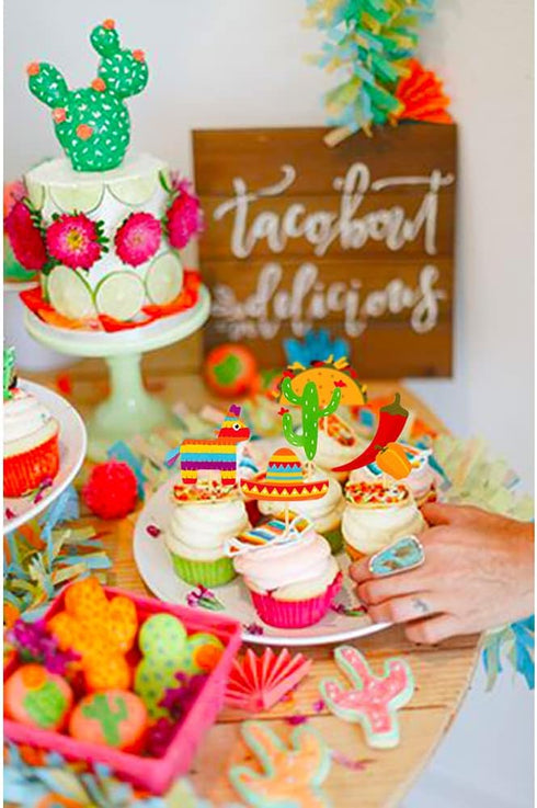 36 Pcs Fiesta Cupcake Topper - Mexican Theme Cake Decoration for Cactus, Donkey, Taco, Pepper, Sombrero Party