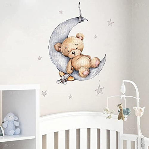 Teddy Bear Sleeping on The Moon and Stars Wall Stickers for Kids Baby Room, Interior Decoration Wall Decals