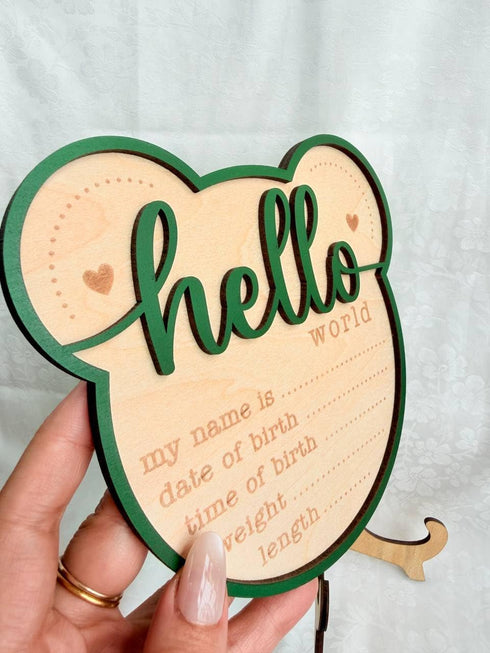 Kemmintvn Wooden Newborn Birth Announcement Ornament, Hello World Baby Keepsake Sign with Name Date Time Weight Length