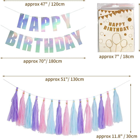 YAKRUNA Silver Holographic Happy Birthday Banner, Iridescent Party Supplies with 15PCS Rainbow Tassel Paper Garlands