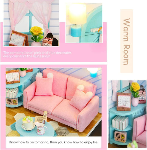 Kisoy Dollhouse Miniature with Furniture Kit - DIY 3D Wooden House Kit, Small Apartment Style with LED, Gift