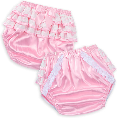 XL Pretty in Pink Satin Adult Diaper Cover - Washable Waterproof Ruffled Lace Bow