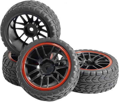 12mm Hex Wheel Rims & Rubber Tires for Redcat HPI Tamiya HSP RC 1/10 on-Road Racing Car (Pack of 4)