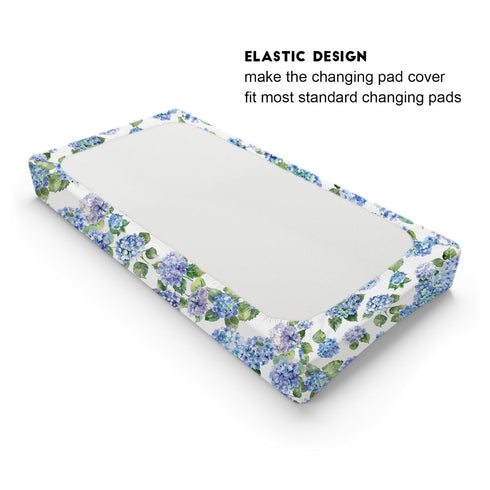 Watercolor Blue Hydrangea Floral Changing Pad Covers, Soft Breathable Fitted Diaper Change Table Mats 32''x16''
