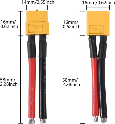 10 Pairs XT60 Plug Female and Male Connector with 55mm/ 2.17inch 12AWG Silicon Wire for RC Lipo Battery Cable Drone