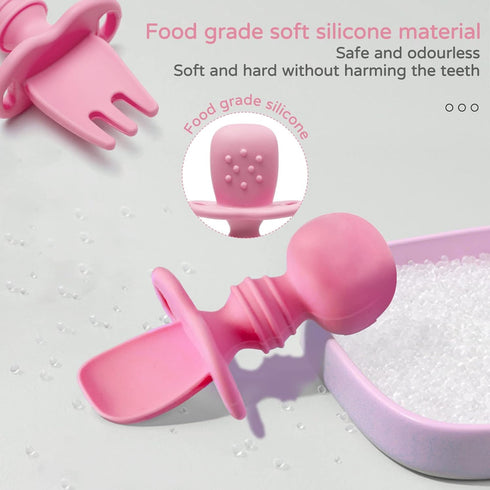 Silikong Silicone Utensils, Baby Fork and Spoon Set for Training, Ages 6 Months (Pink)