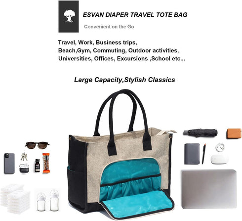 ESVAN 2 Travel Diaper Tote Bag, with Insulated Pouches Utility Tote Travel Diaper Bag for Parenting & Work Nurse