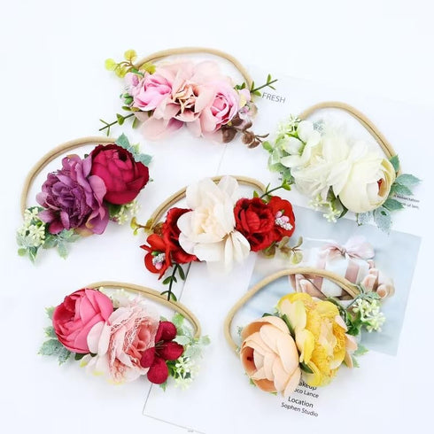 Cinaci 6 Pack Delicate Rose Flower Nylon Headbands, Floral Bows Headband Super Stretchy Hair Bands Fancy Headpieces