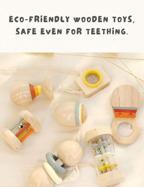 BONOVISTA 7 Set 0-6 0-12 PCS Wooden Baby Toys - Organic Infant Rattles Newborns Month & Montessori-Inspired Musical