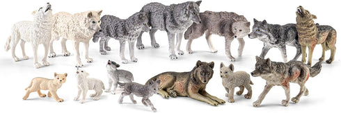 14PCS Wolf Toy Animal Figurines, Realistic Plastic Zoo Safari Animal Toys for