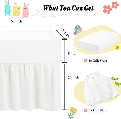 2 Pack Set, 28" 52" 14" Horbaunal Crib Skirt & Crib Bed Sheet White Crib Bed Skirt x with Drop Dust Ruffle, Soft