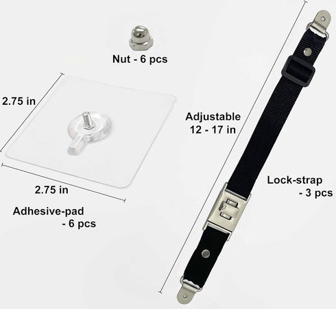3 Pack Child Safety Strap Locks, Baby Proofing Heavy Duty Adjustable Length Latches with Rotating Release Buckle