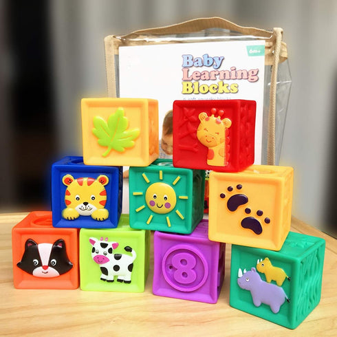 Kingtree Baby Blocks, 9PCS Soft Squeeze Building Blocks Stacking Toys for 6+ Months Babies, Educational Set