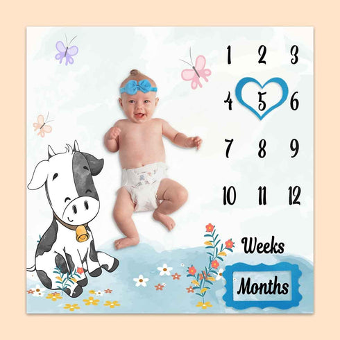 Cow Print Baby Monthly Milestone Blanket, Farm Animals, 40"x40", Unisex, Includes 4 Frames & 1 Headband