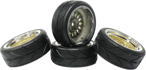 4PCS 64mm RC On Road Rubber Tires and Plastic Plating Wheel Rims Set for 1/10 RC Touring Racing Drift Car