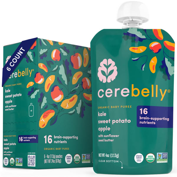Cerebelly Baby Food Pouches, Organic Kale Sweet Potato Apple, 4 oz, Pack of 6, Healthy Toddler Snacks